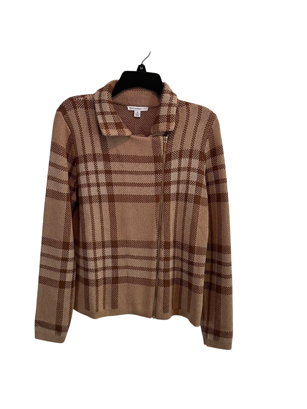 Isaac Mizrahi Live Plaid Knit Jacket Medium Brown Beige Womens Apparel